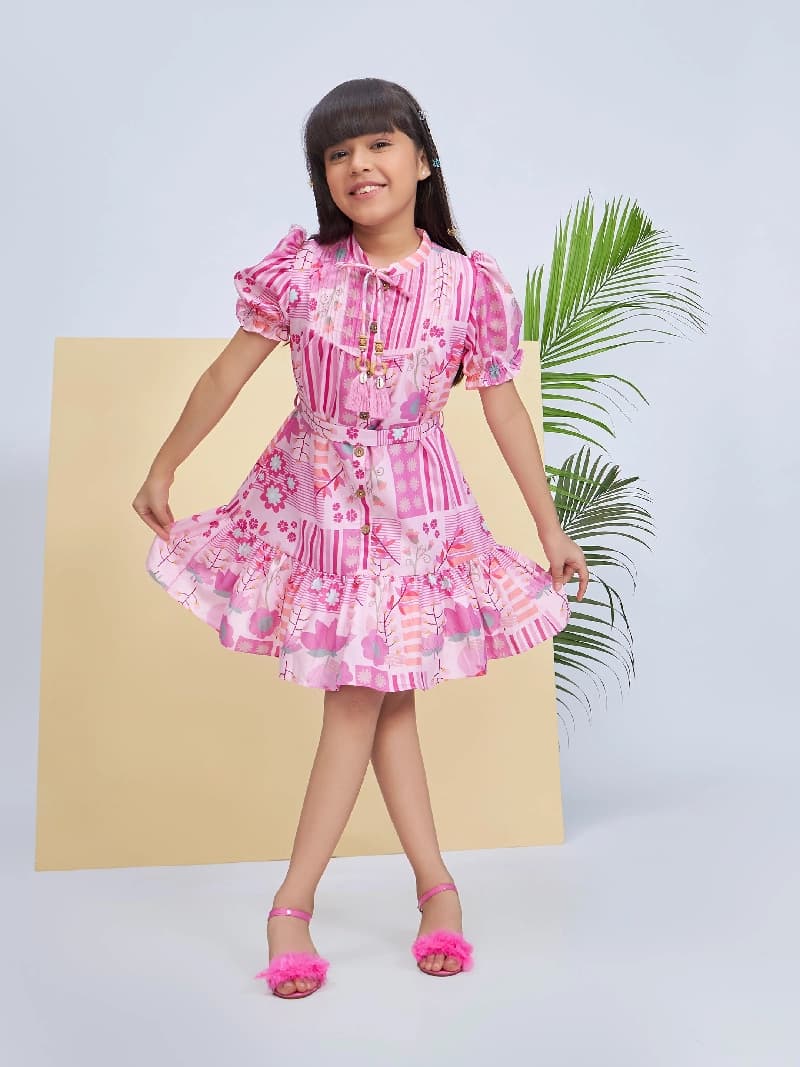 Girls Pink Casual Wear Round Neck Dress with Belt