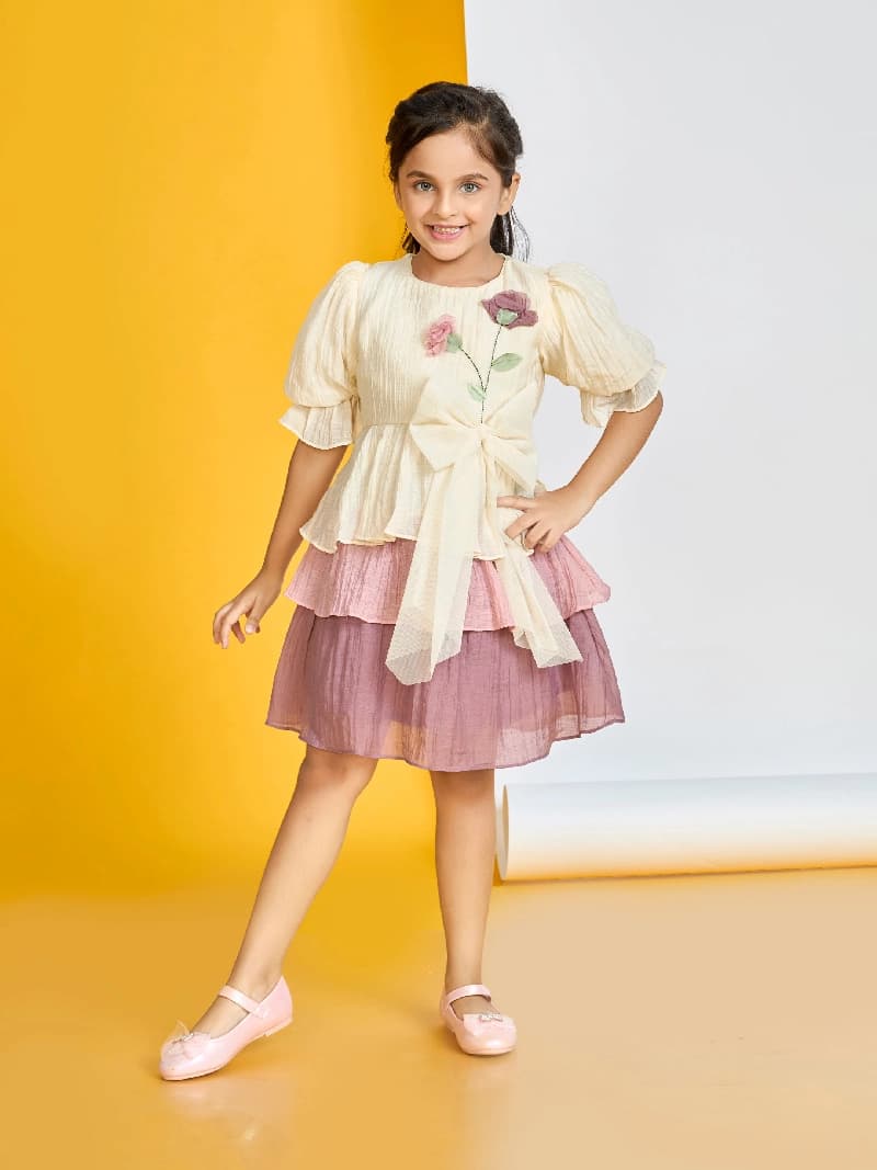 Girls Pink Casual Wear Round Neck Fit & Flared Dress