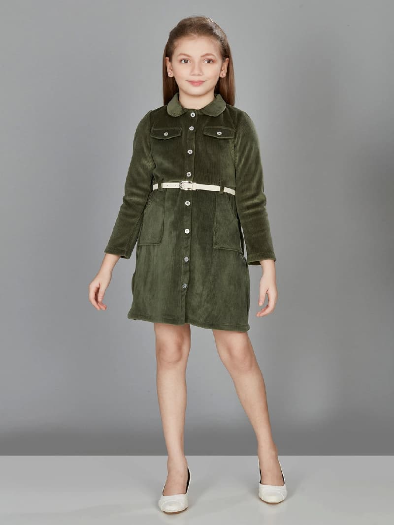 Girls Olive Green Casual Wear Dress with Belt