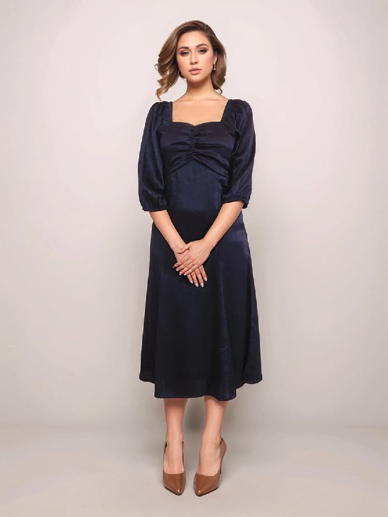 Women's Blue Festive Solid Empire Dress