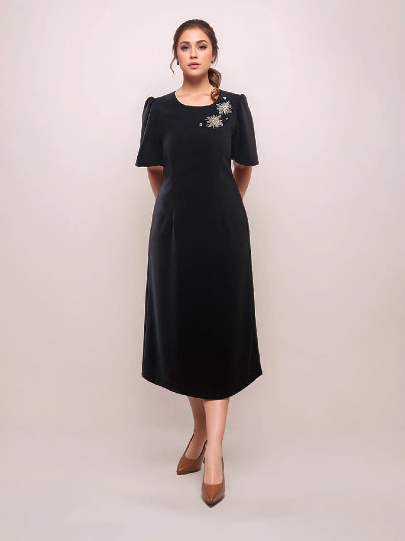 Women's Black Festive Printed A-Line Dress