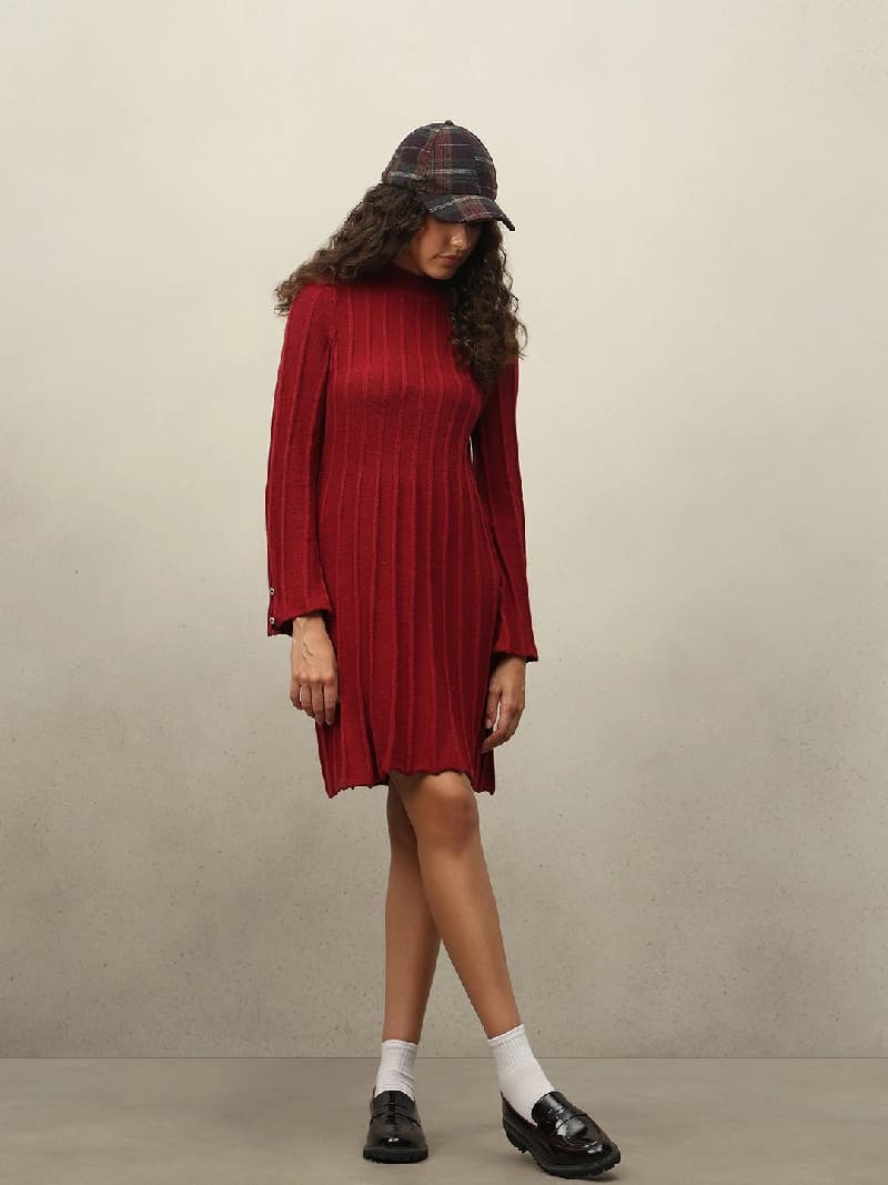 Women's Maroon Casual Solid Straight Bodycon Dress