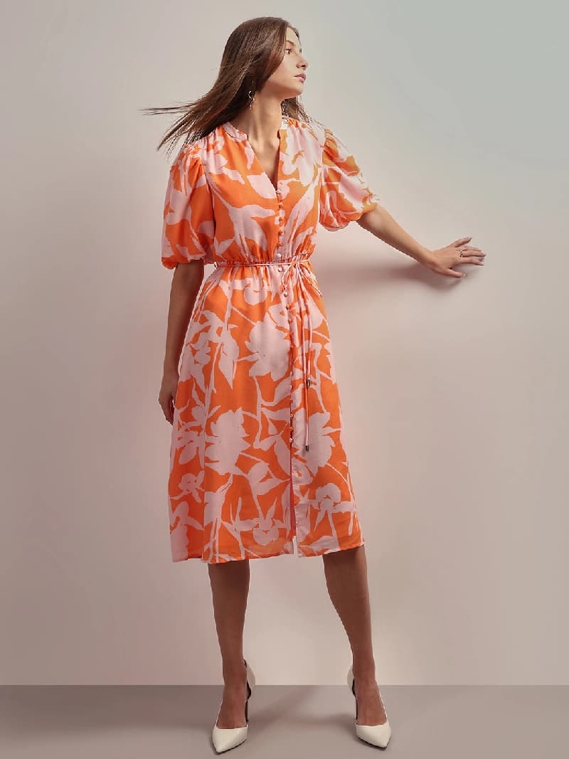 Women's Orange Casual Printed Fit & Flared Dress