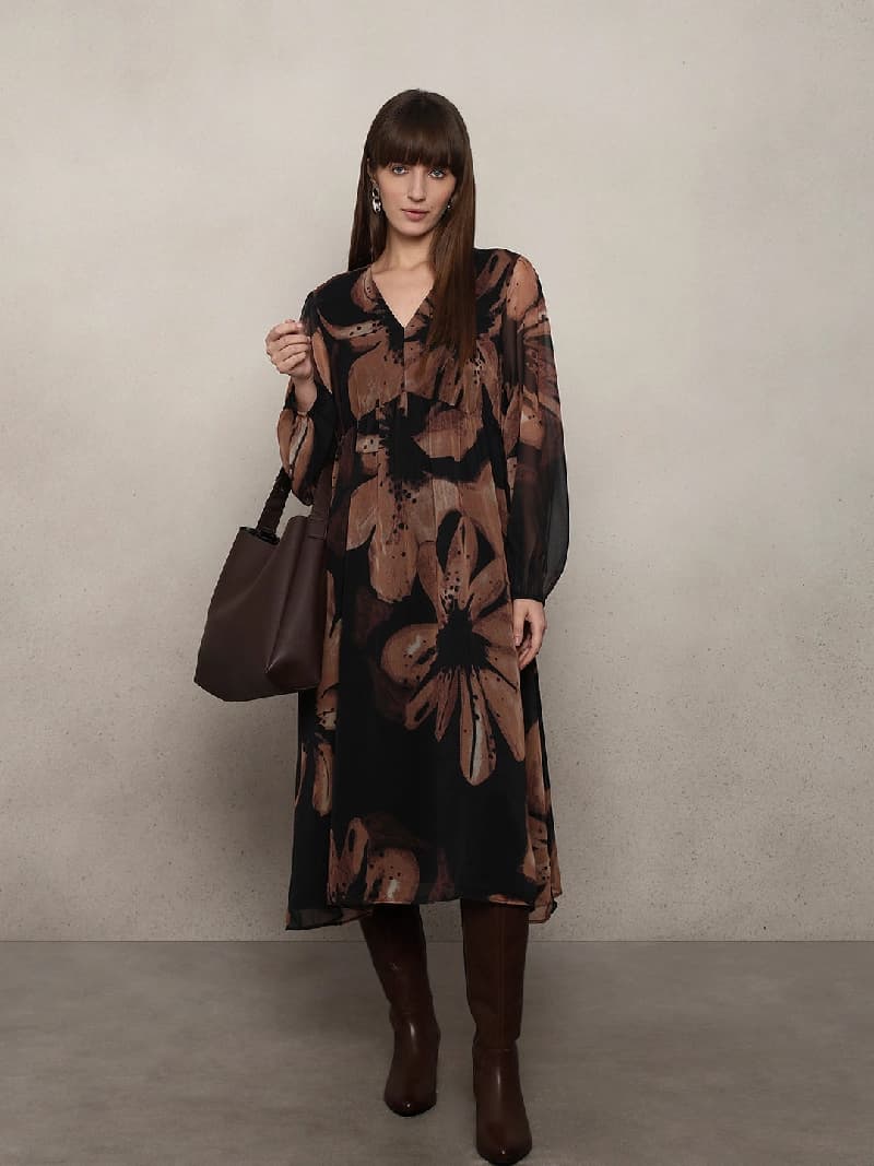 Women's Brown Party Printed A-Line Dress