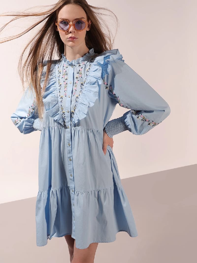 Women's Blue Casual Self-Design Dress