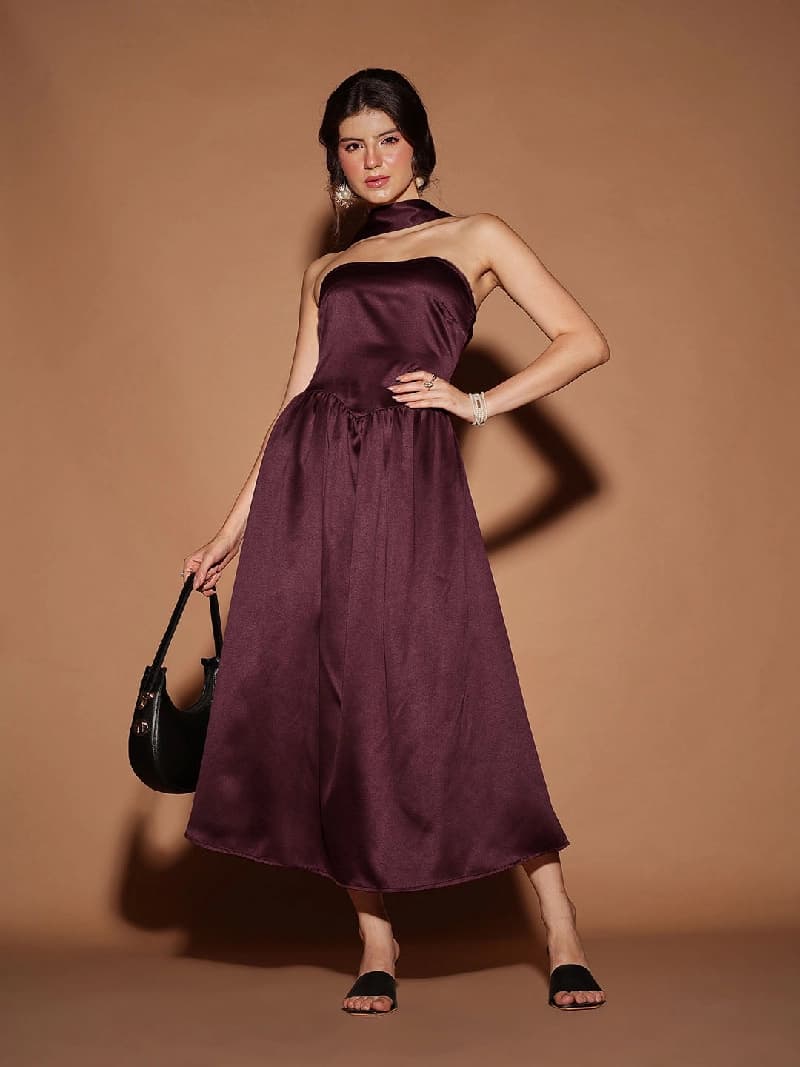 Women's Burgundy Casual Solid Sleeveless Dress with Scarf