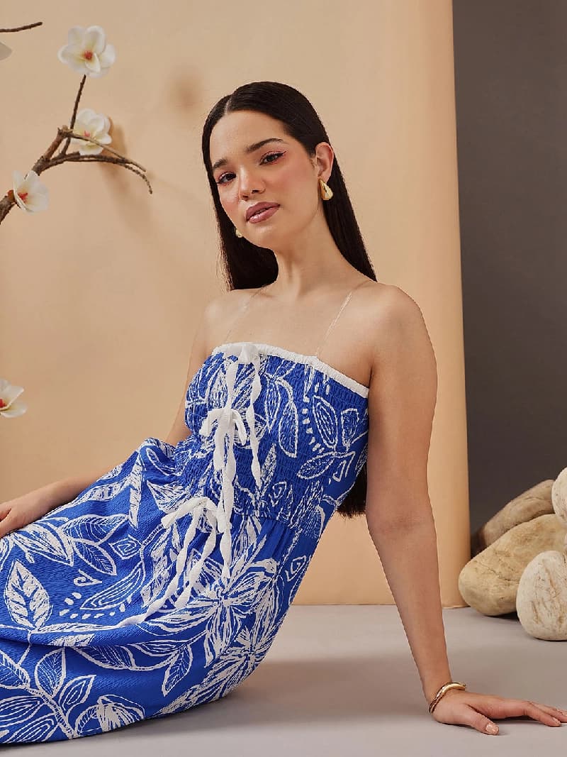 Women's Blue Casual Floral Sleeveless Dress