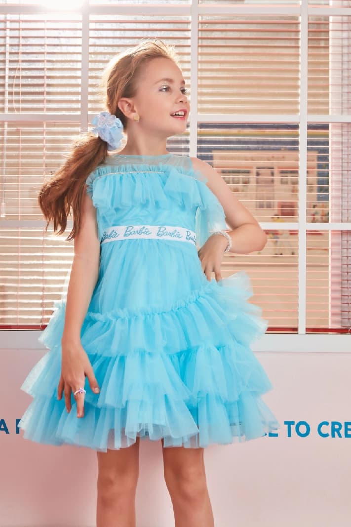 Girls Sky Blue Party Fit & Flared Sleeveless Dress