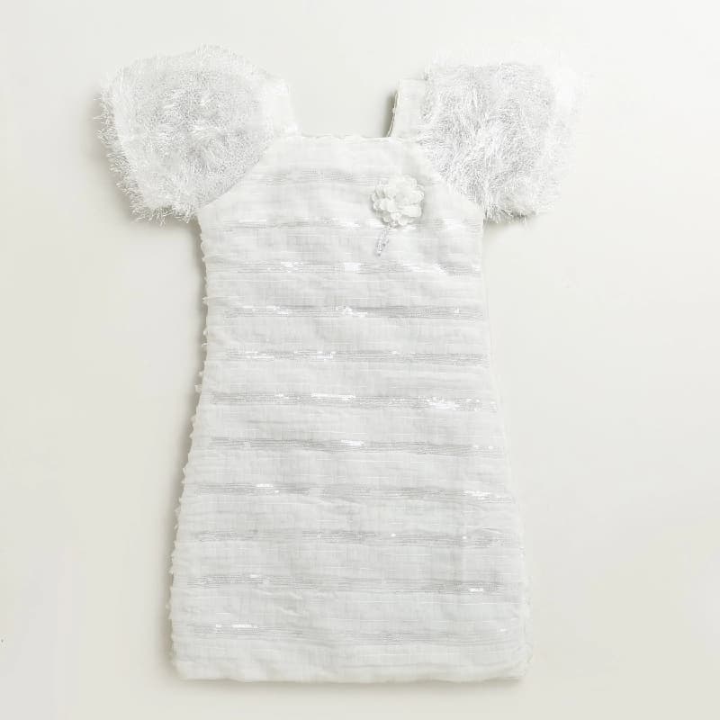 Girls Off White Party Bodycon Half Sleeves Flower Applique Dress