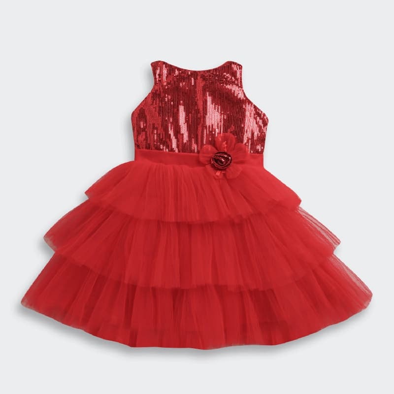 Girls Red Party Fit & Flared Sleeveless Dress