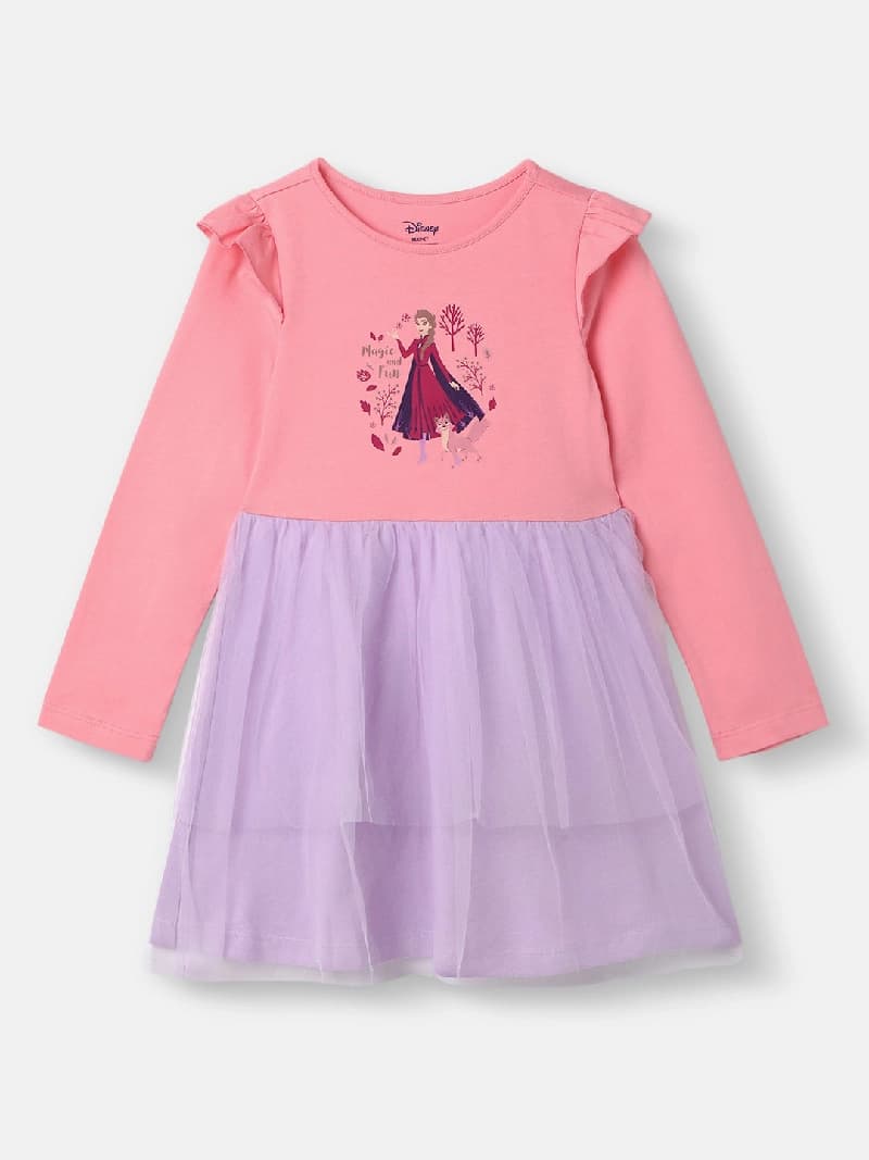 Girls Multicolor Frozen Graphic Mesh Full Sleeves A-Line Dress
