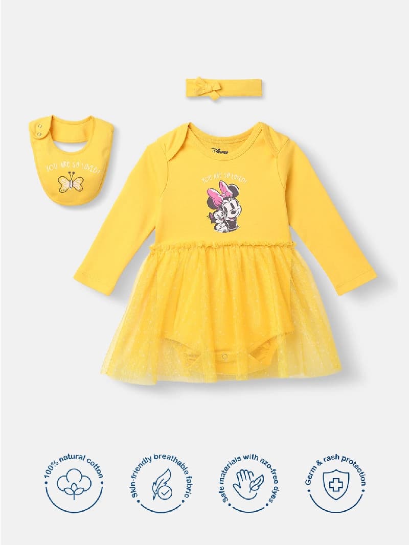 Girls Yellow Disney Infants Cotton Minnie Mouse Printed Dress with Bib and Headband