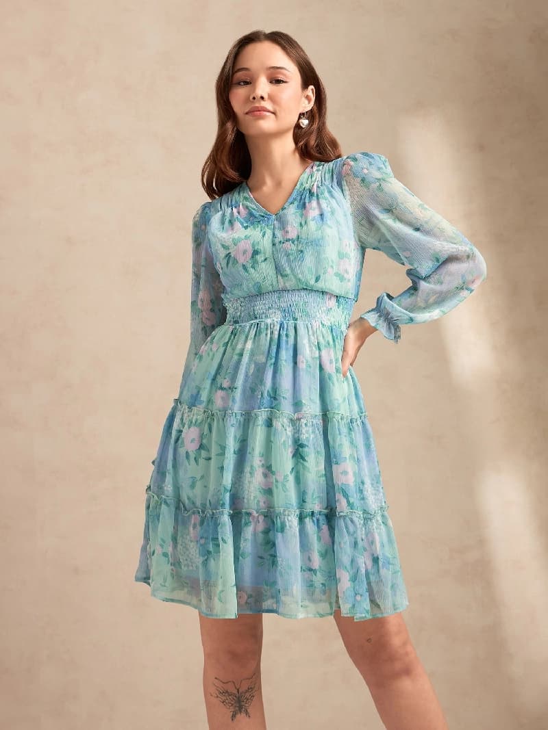 Women's Blue Formal Printed Regular Fit Dress