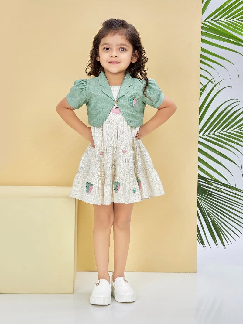 Girls Green Party Half Sleeves Dress with Jacket