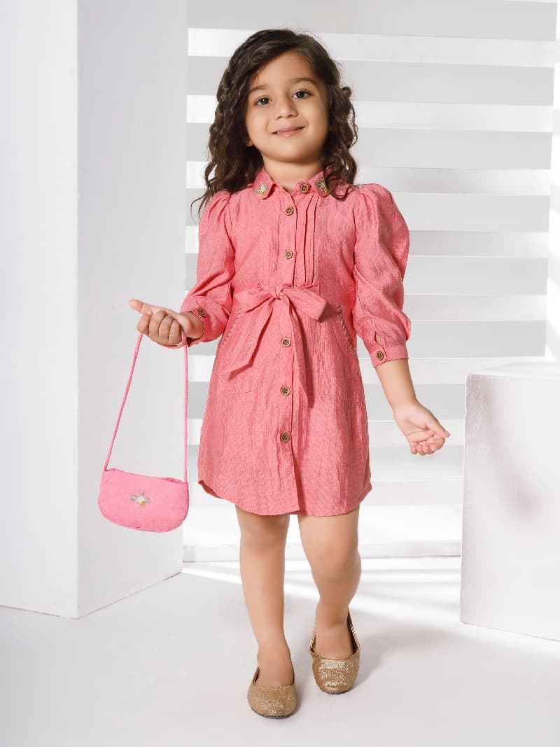Girls Pink Festive Three Quarter Sleeves Dress with Purse