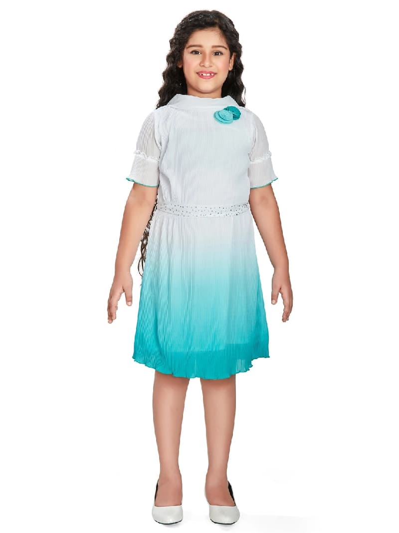Girls White and Blue Party Wear Dress With Belt