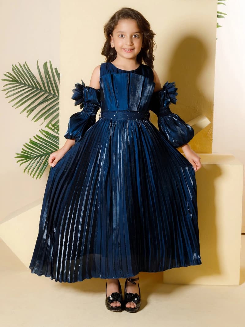 Girls Teal Blue Party Wear Gown With Belt