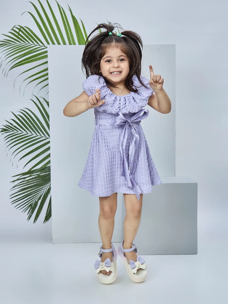 Girls Purple Casual Half Sleeves Dress with Belt