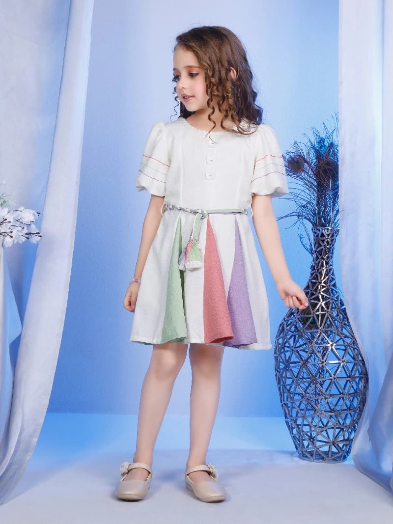 Girls Cream Casual Dress With Belt