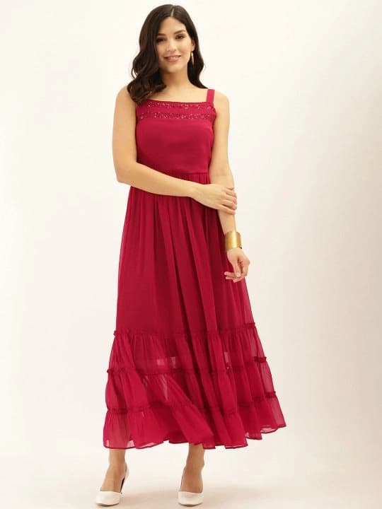 Women's Magenta Tiered Maxi Party Dress