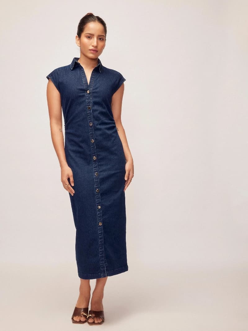 Women's Blue Denim Ruched Shirt Work Dress
