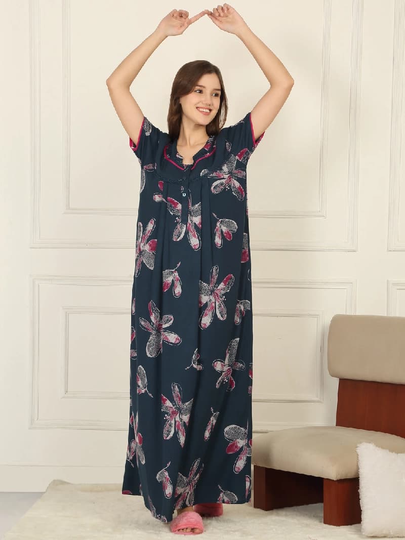 Women's Blue Casual Printed Night Dress