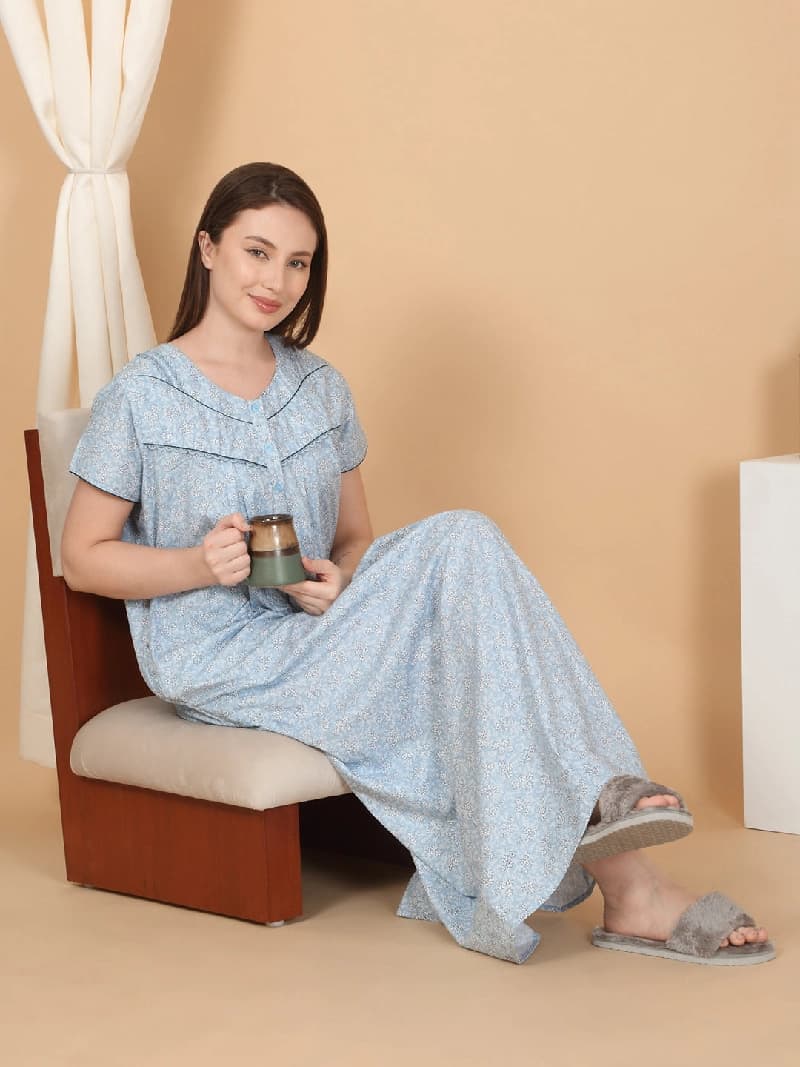 Women's Blue Casual Printed Night Dress