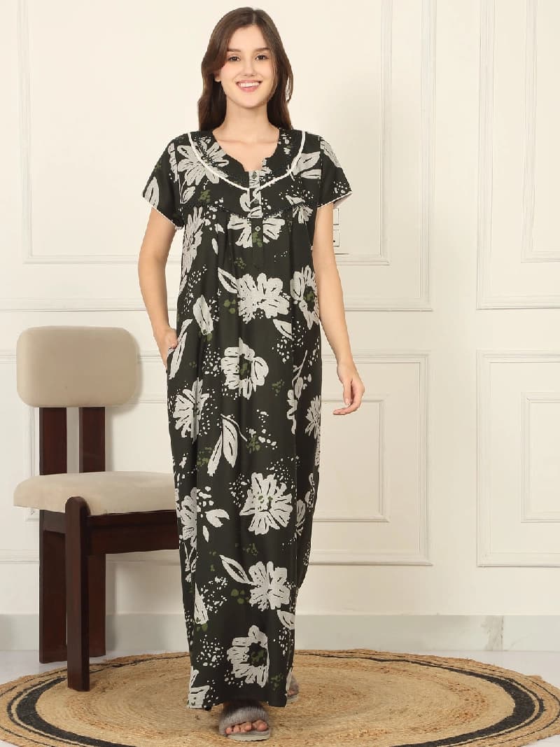 Women's Green Casual Printed Night Dress