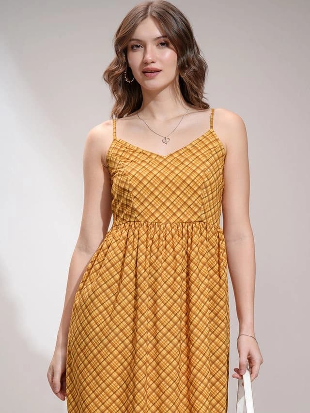Women's Yellow Casual Checked Regular Fit Dress
