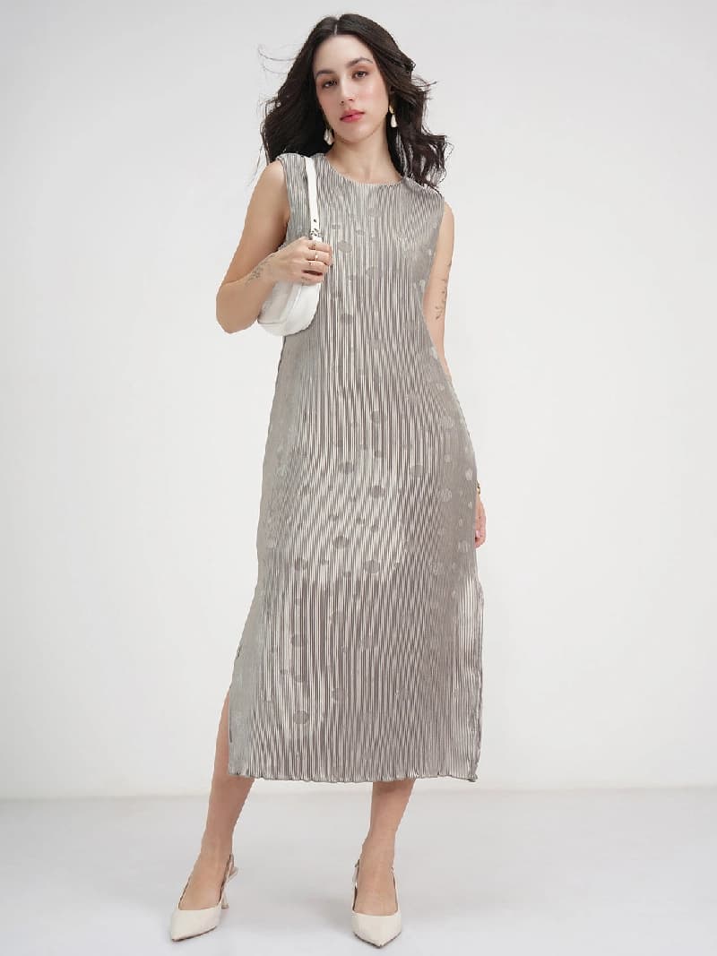 Women's Silver Party Self-Design Regular Fit Dress