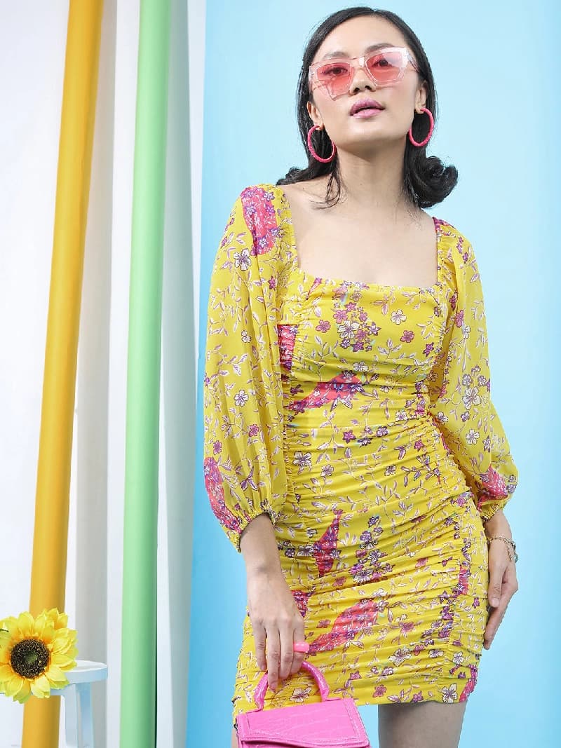 Women's Yellow Casual Floral Skinny Fit Dress