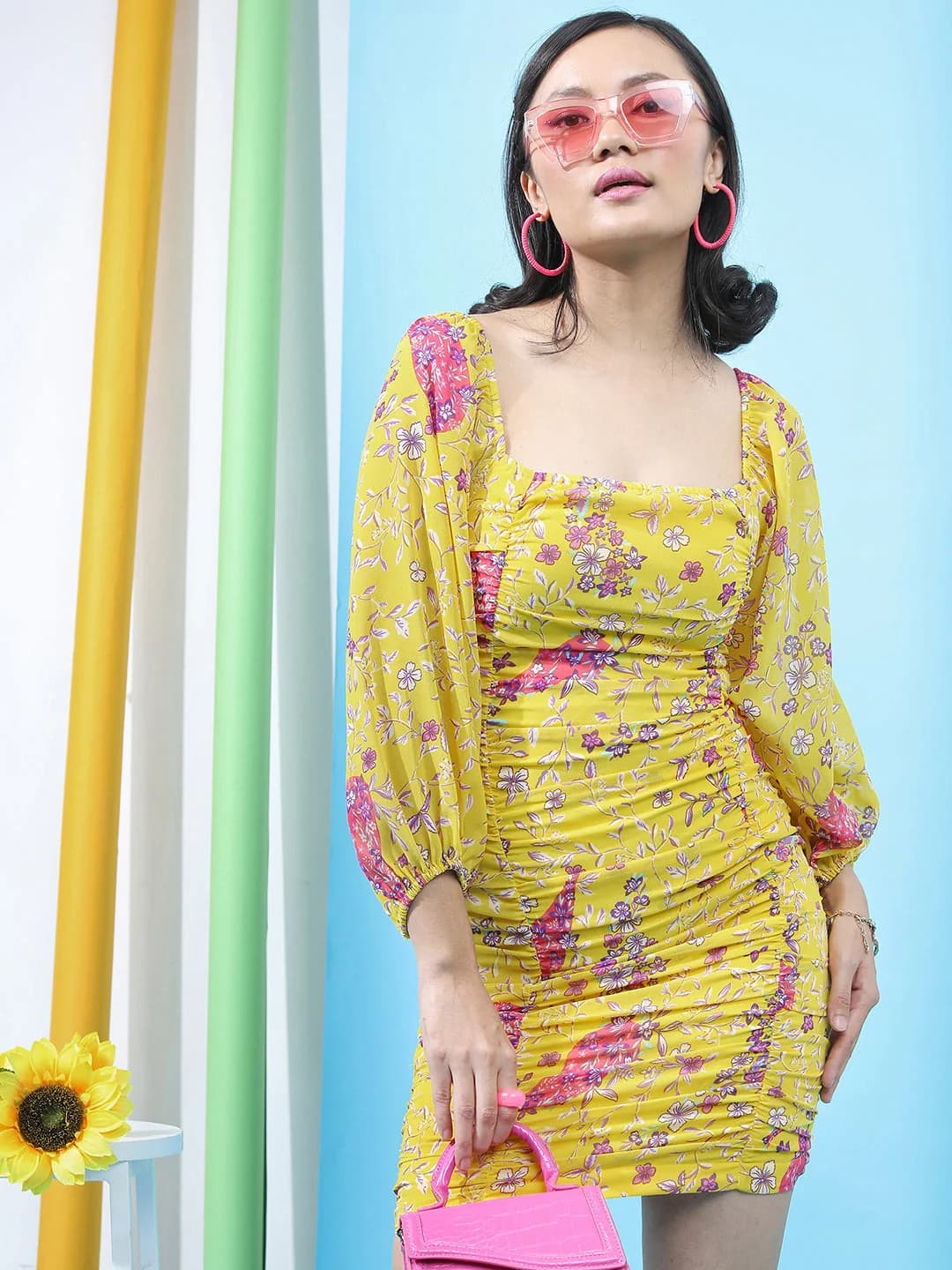 Women's Yellow Casual Floral Skinny Fit Dress