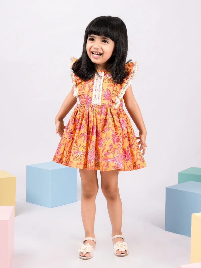 Girls Mustard Cotton Floral Printed Dress