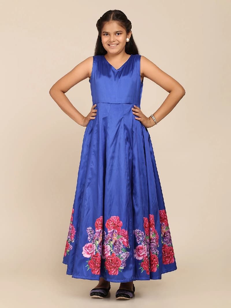 Girls Blue Floral Maxi Gown Dress