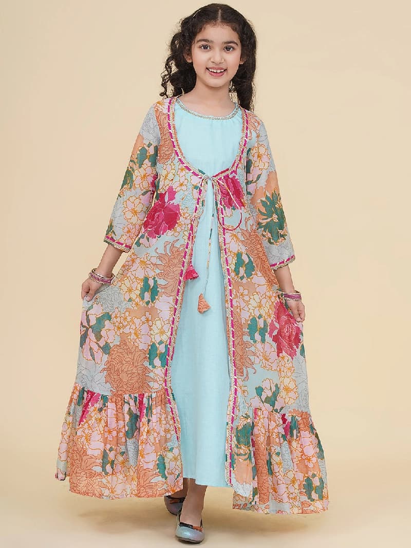Girls Sea Green & Multi Digital Print Maxi Jacket & Dress