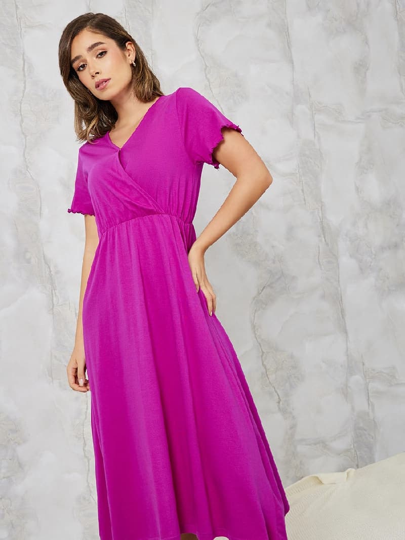 Women's Pink Wrap Midi Length Night Dress