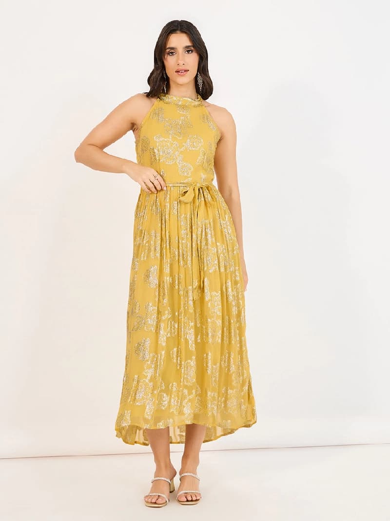 Women's Yellow Halter Neck Printed Sleeveless A-Line Maxi Dress