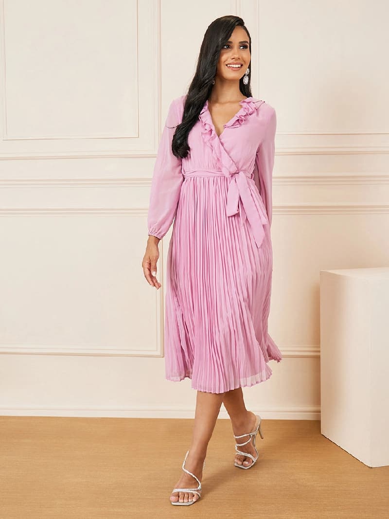 Women's Pink Accordion Pleat Ruffle Trim Wrap Midi Dress