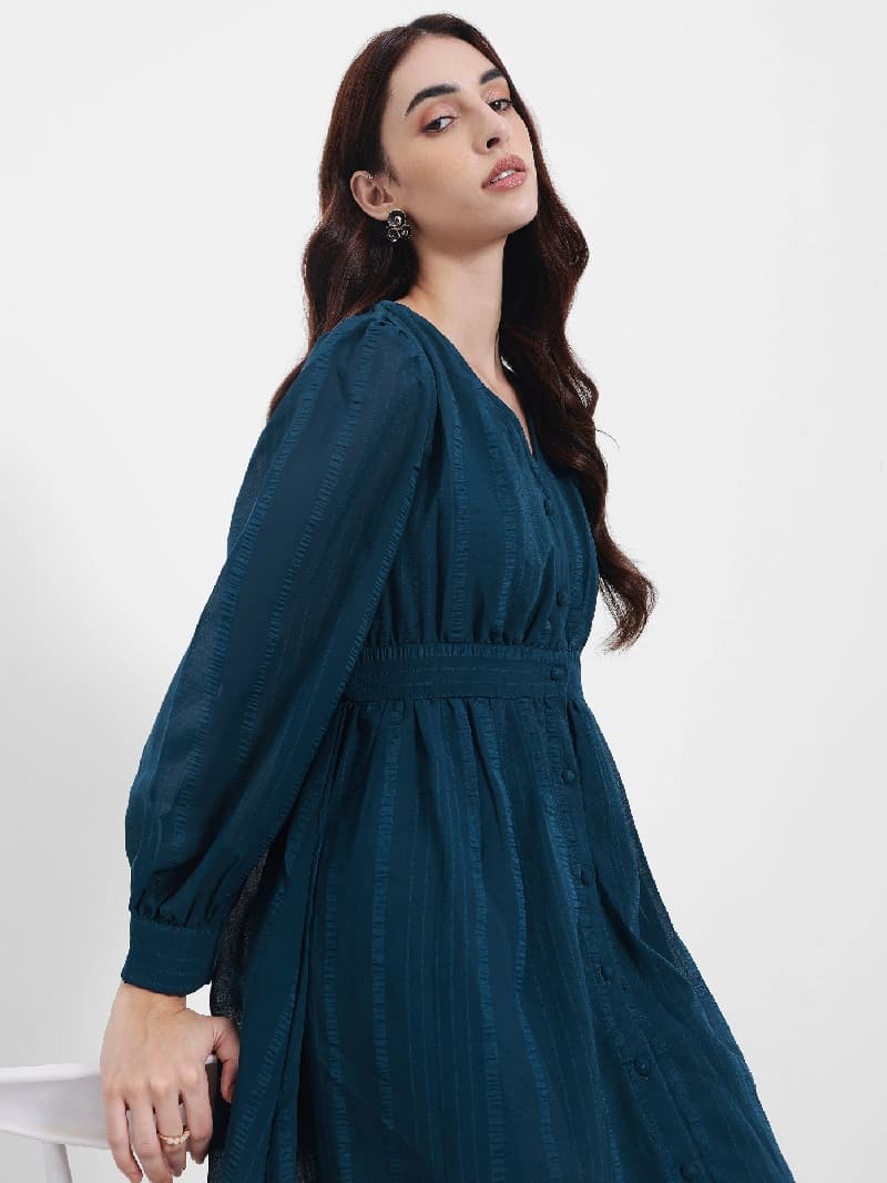 Women's Teal Volume Sleeve A-Line Maxi Dress