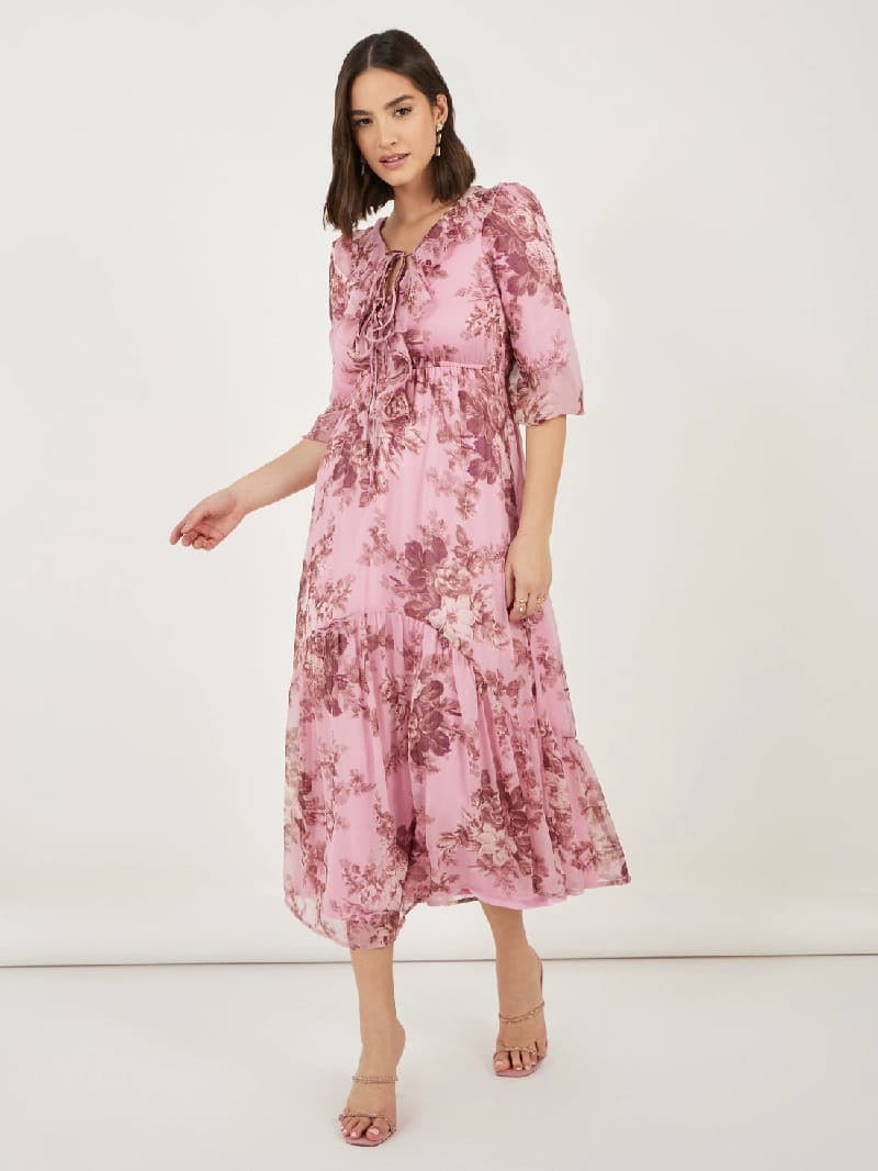 Women's Pink Ruffle Neck Puff Sleeves A-Line Maxi Dress