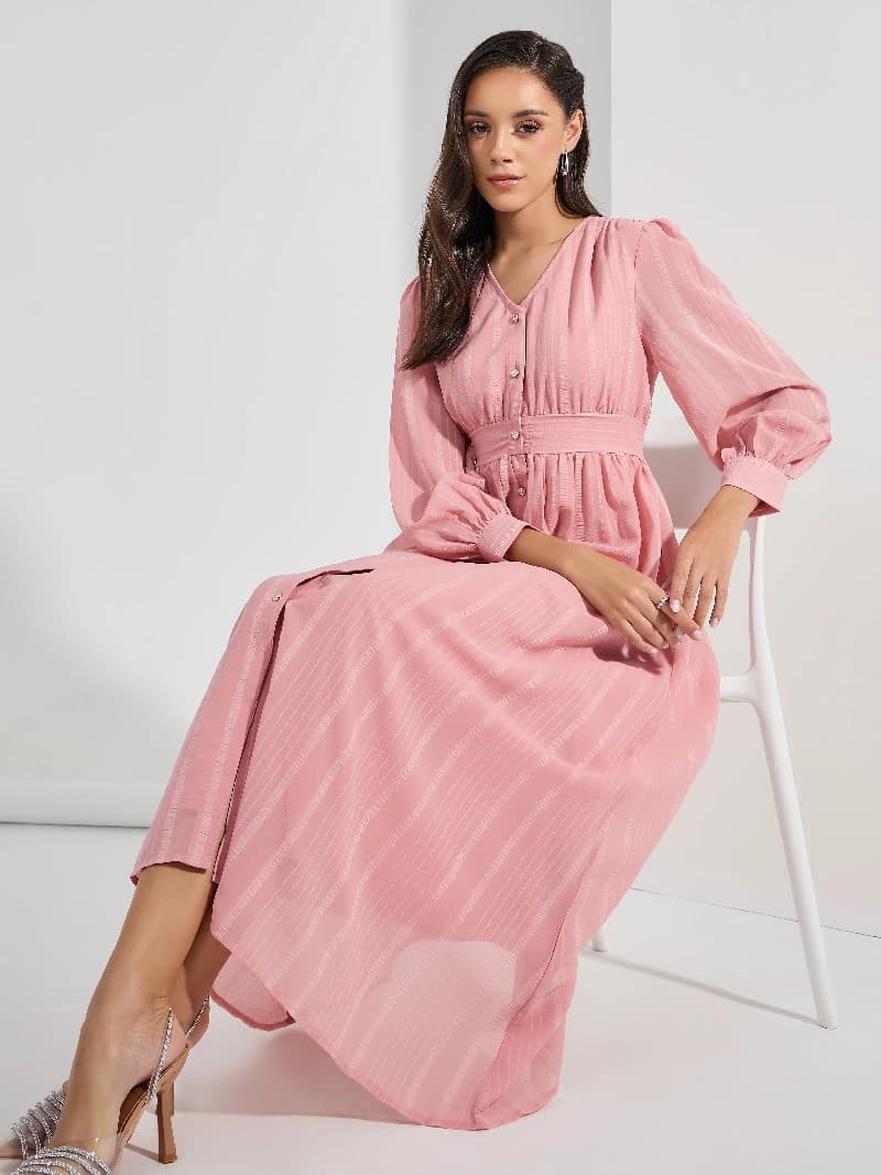 Women's Pink Volume Sleeve A-Line Maxi Dress