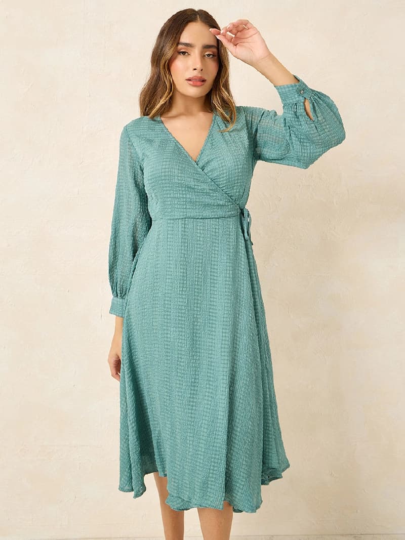 Women's Green Full Sleeves Wrap Self Design Midi Dress