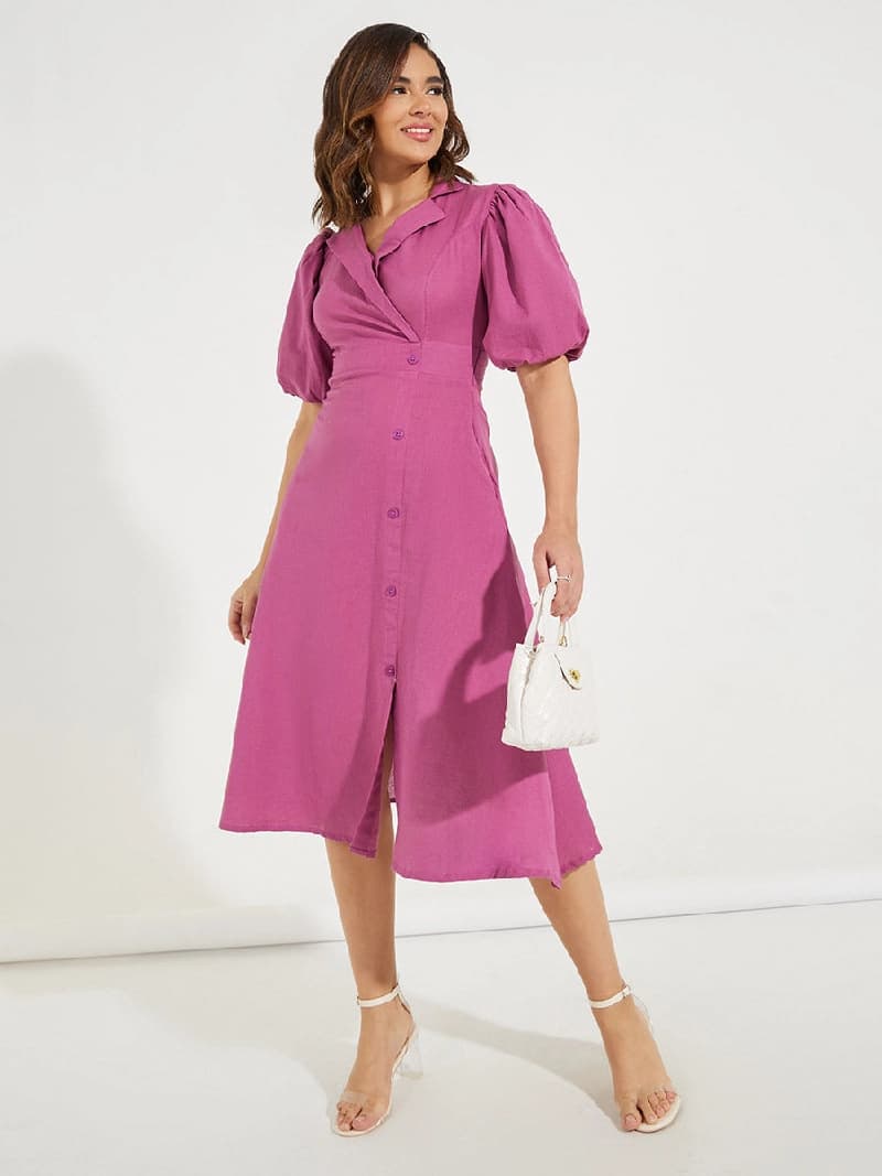 Women's Purple Mock Wrap Notch Collar Midi Dress with Puff Sleeves