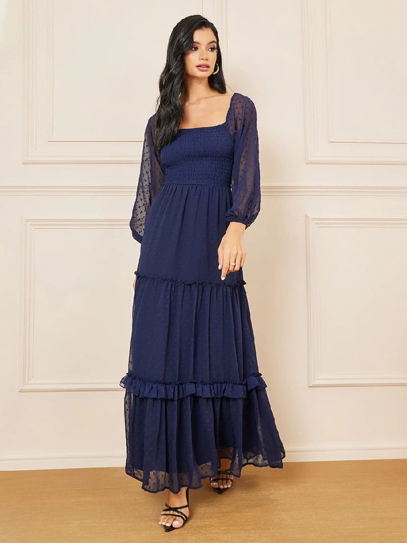 Women's Navy Blue Maxi Self Design Long Sleeve Tiered Dress
