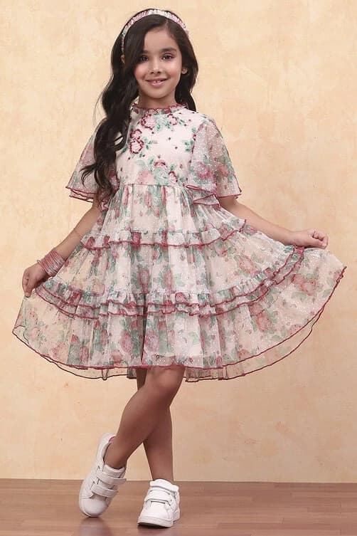 Girls Beige Casual Regular Fit Printed Dress