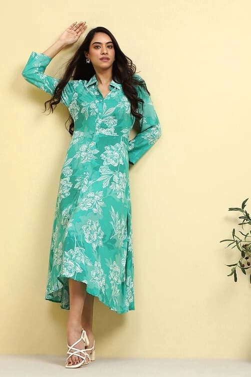 Women's Blue Festive Printed Regular Fit Dress