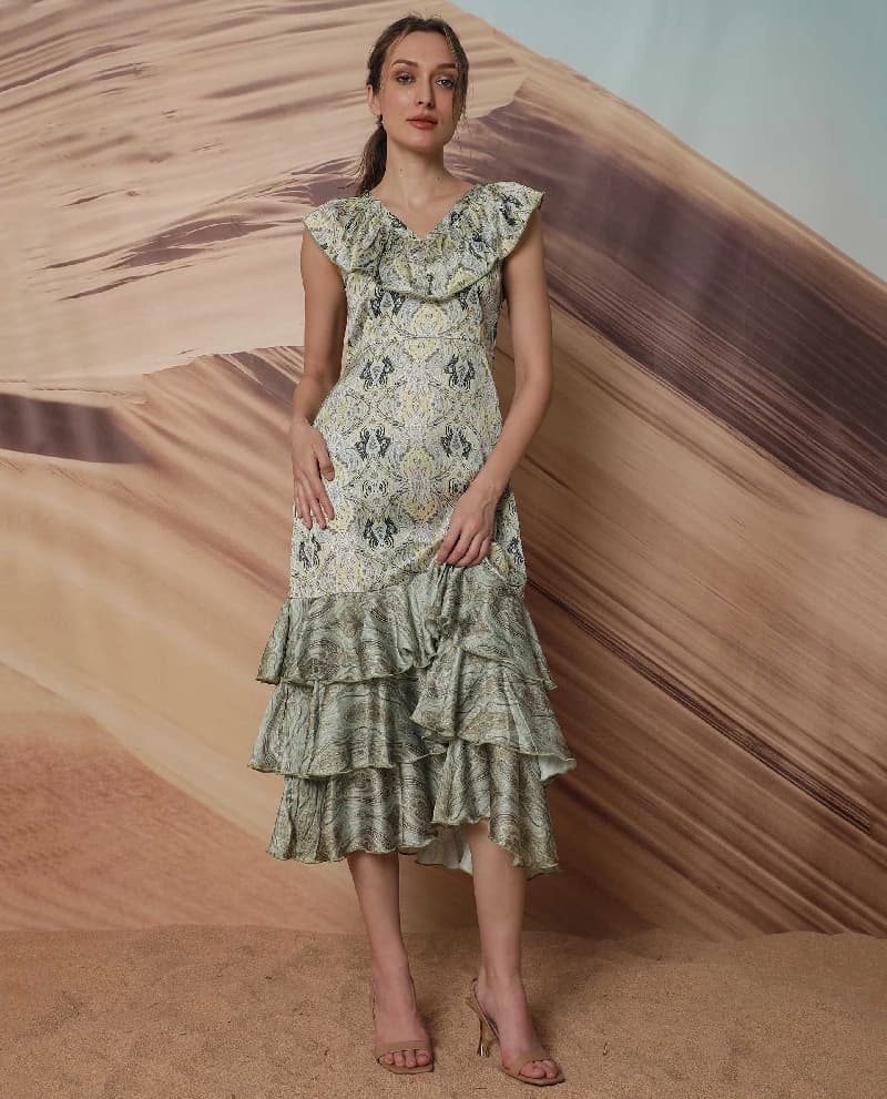 Women's Green Formal Printed Regular Fit Dress