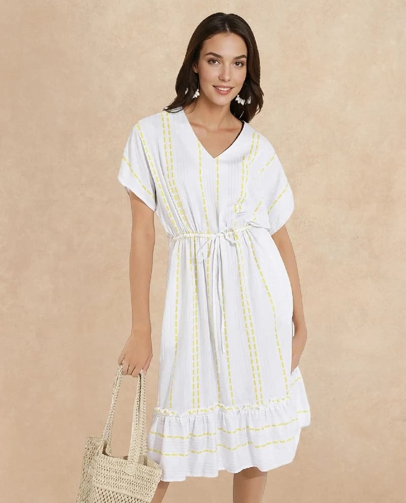 Women's White Casual Striped Regular Fit Dress