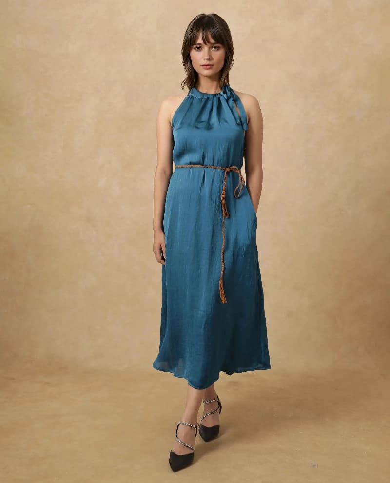 Women's Blue Formal Solid Regular Fit Dress