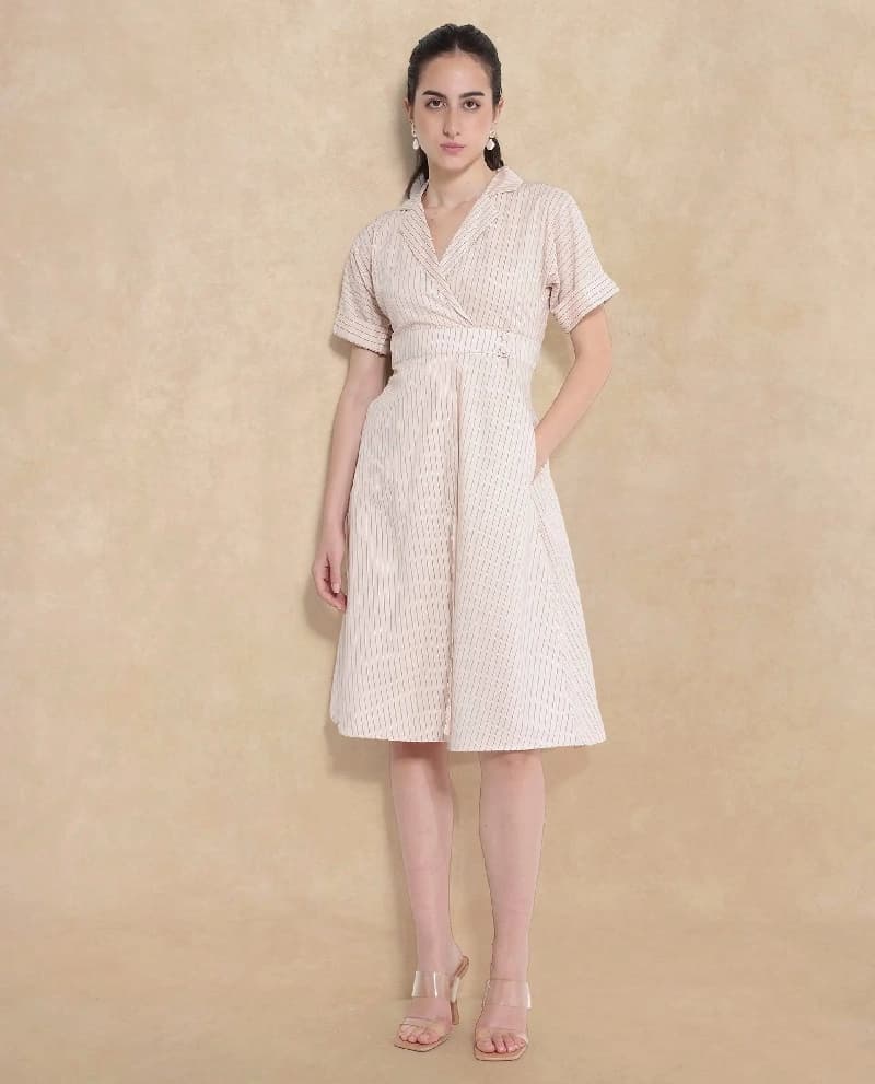 Women's Beige Formal Striped Regular Fit Dress